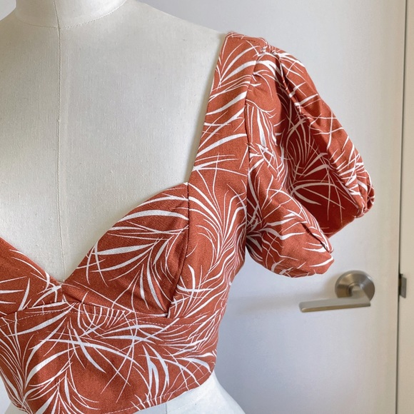 NEW Linen Crop Top Back Tie Brown White Patterned Puff Sleeves Sweetheart - Picture 2 of 10
